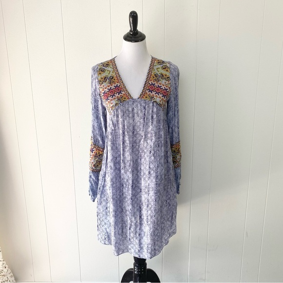 Anthropologie Bhanuni Jyoti Linne Embroidered Tunic Dress Blue Boho Size XS - Picture 3 of 16